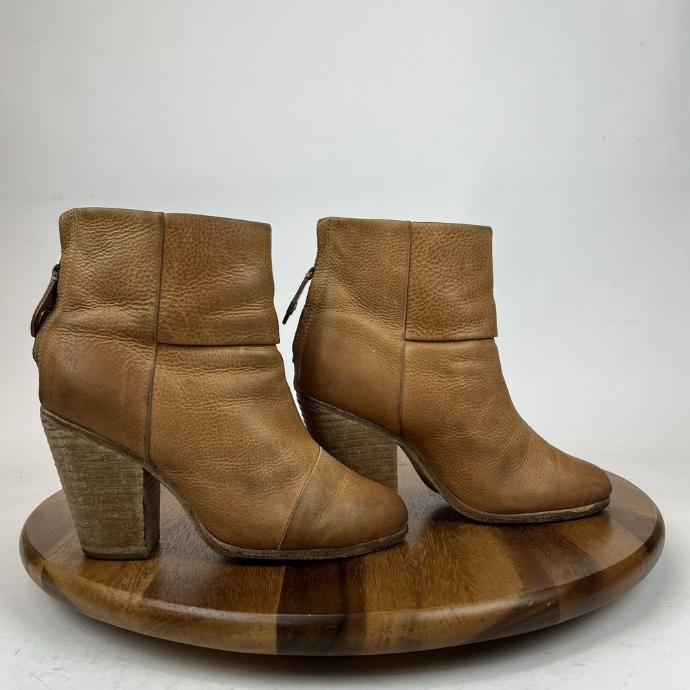 Womens Rag & Bone Newbury Tan Leather Zip Heeled Ankle Boots Booties Size EU‎ 35